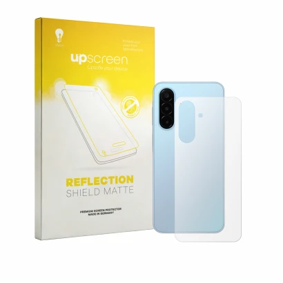 Parte frontal de un envase de producto con el logotipo de la marca upscreen. Al lado se muestra el dispositivo Samsung Galaxy