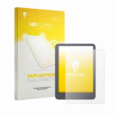 Parte frontal de un envase de producto con el logotipo de la marca upscreen. Al lado se muestra el dispositivo Amazon Kindle P