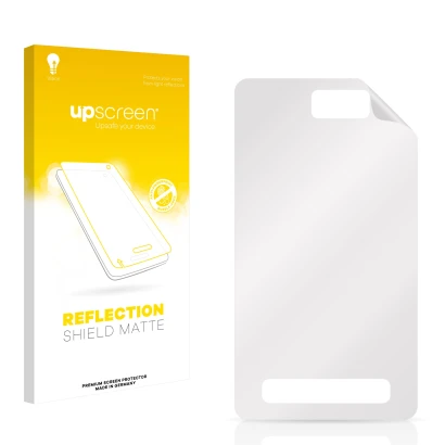 Parte frontal de un envase de producto con el logotipo de la marca upscreen. Al lado está el protector de pantalla correspondi