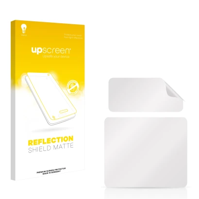 Parte frontal de un envase de producto con el logotipo de la marca upscreen. Al lado está el protector de pantalla correspondi