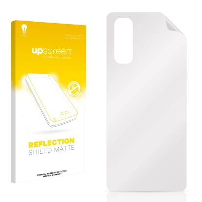 Parte frontal de un envase de producto con el logotipo de la marca upscreen. Al lado está el protector de pantalla correspondi