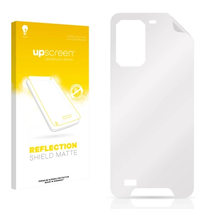 Parte frontal de un envase de producto con el logotipo de la marca upscreen. Al lado está el protector de pantalla correspondi