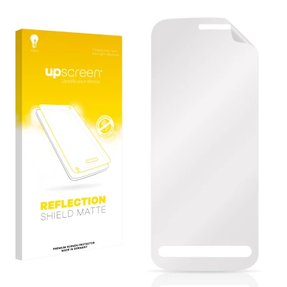 Parte frontal de un envase de producto con el logotipo de la marca upscreen. Al lado está el protector de pantalla correspondi