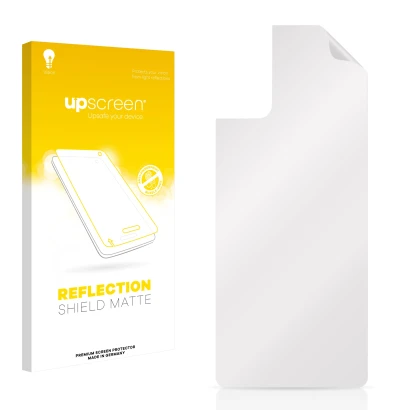 Parte frontal de un envase de producto con el logotipo de la marca upscreen. Al lado está el protector de pantalla correspondi