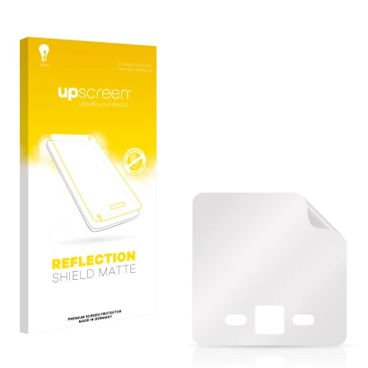 Parte frontal de un envase de producto con el logotipo de la marca upscreen. Al lado está el protector de pantalla correspondi