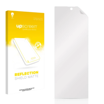 Parte frontal de un envase de producto con el logotipo de la marca upscreen. Al lado está el protector de pantalla correspondi