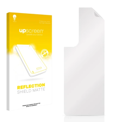 Parte frontal de un envase de producto con el logotipo de la marca upscreen. Al lado está el protector de pantalla correspondi