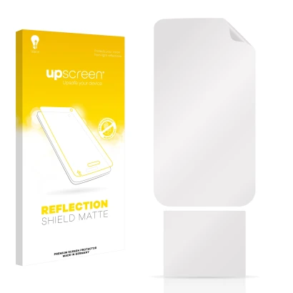 Parte frontal de un envase de producto con el logotipo de la marca upscreen. Al lado está el protector de pantalla correspondi