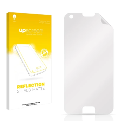 Parte frontal de un envase de producto con el logotipo de la marca upscreen. Al lado está el protector de pantalla correspondi