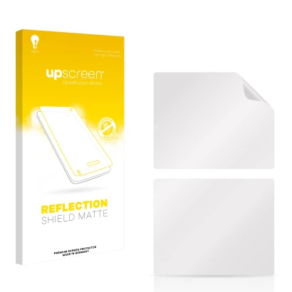 Parte frontal de un envase de producto con el logotipo de la marca upscreen. Al lado está el protector de pantalla correspondi