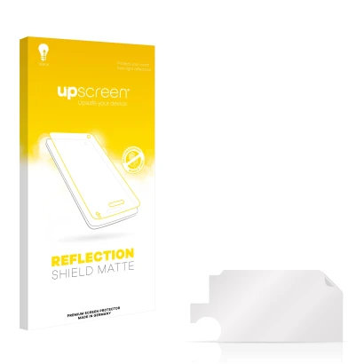Parte frontal de un envase de producto con el logotipo de la marca upscreen. Al lado está el protector de pantalla correspondi