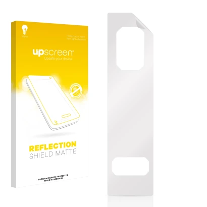 Parte frontal de un envase de producto con el logotipo de la marca upscreen. Al lado está el protector de pantalla correspondi