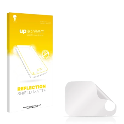 Parte frontal de un envase de producto con el logotipo de la marca upscreen. Al lado está el protector de pantalla correspondi
