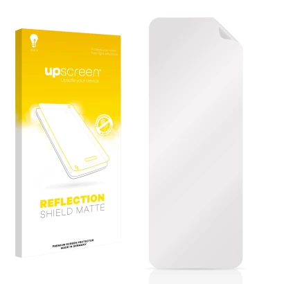 Parte frontal de un envase de producto con el logotipo de la marca upscreen. Al lado está el protector de pantalla correspondi