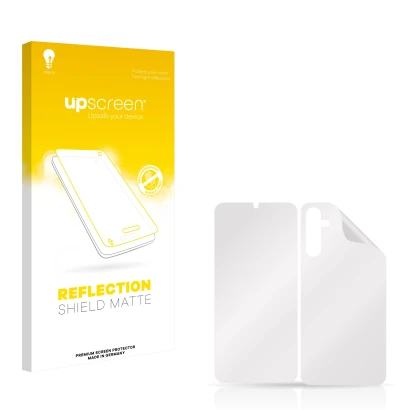 Parte frontal de un envase de producto con el logotipo de la marca upscreen. Al lado está el protector de pantalla correspondi
