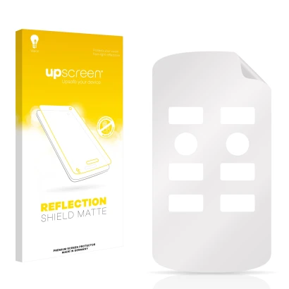Parte frontal de un envase de producto con el logotipo de la marca upscreen. Al lado está el protector de pantalla correspondi