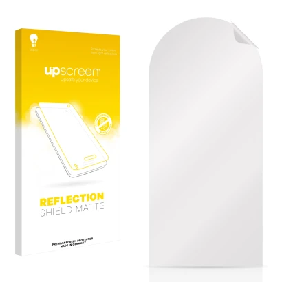 Parte frontal de un envase de producto con el logotipo de la marca upscreen. Al lado está el protector de pantalla correspondi
