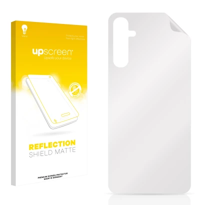 Parte frontal de un envase de producto con el logotipo de la marca upscreen. Al lado está el protector de pantalla correspondi