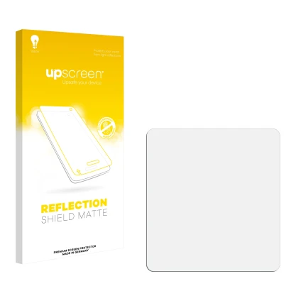 Parte frontal de un envase de producto con el logotipo de la marca upscreen. Al lado está el protector de pantalla correspondi