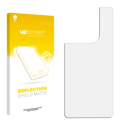 Parte frontal de un envase de producto con el logotipo de la marca upscreen. Al lado está el protector de pantalla correspondi