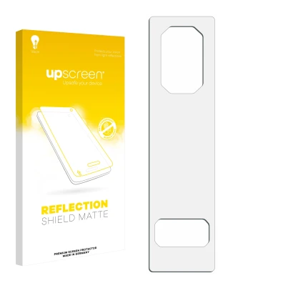 Parte frontal de un envase de producto con el logotipo de la marca upscreen. Al lado está el protector de pantalla correspondi