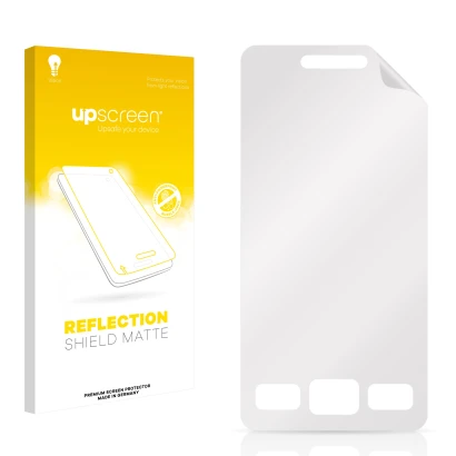 Parte frontal de un envase de producto con el logotipo de la marca upscreen. Al lado está el protector de pantalla correspondi