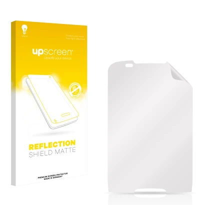 Parte frontal de un envase de producto con el logotipo de la marca upscreen. Al lado está el protector de pantalla correspondi