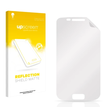 Parte frontal de un envase de producto con el logotipo de la marca upscreen. Al lado está el protector de pantalla correspondi