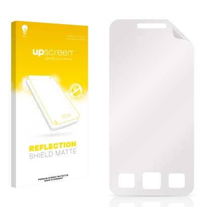 Parte frontal de un envase de producto con el logotipo de la marca upscreen. Al lado está el protector de pantalla correspondi