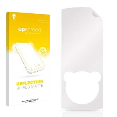 Parte frontal de un envase de producto con el logotipo de la marca upscreen. Al lado está el protector de pantalla correspondi
