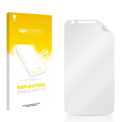 Parte frontal de un envase de producto con el logotipo de la marca upscreen. Al lado está el protector de pantalla correspondi