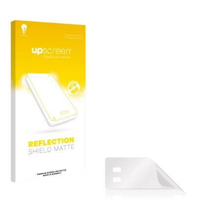 Parte frontal de un envase de producto con el logotipo de la marca upscreen. Al lado está el protector de pantalla correspondi