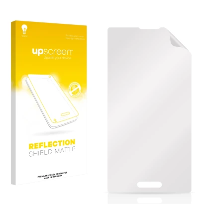 Parte frontal de un envase de producto con el logotipo de la marca upscreen. Al lado está el protector de pantalla correspondi