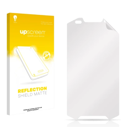 Parte frontal de un envase de producto con el logotipo de la marca upscreen. Al lado está el protector de pantalla correspondi