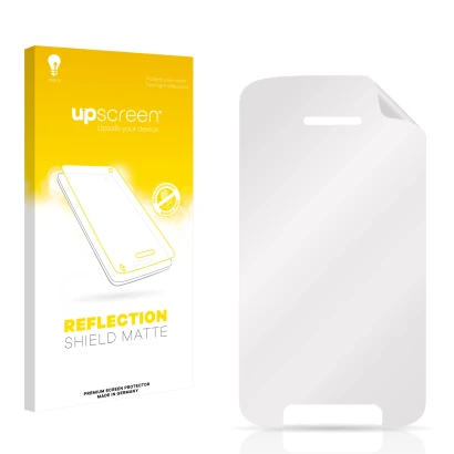 Parte frontal de un envase de producto con el logotipo de la marca upscreen. Al lado está el protector de pantalla correspondi