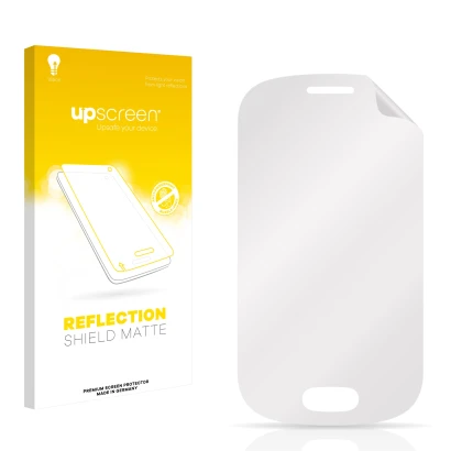Parte frontal de un envase de producto con el logotipo de la marca upscreen. Al lado está el protector de pantalla correspondi