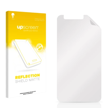 Parte frontal de un envase de producto con el logotipo de la marca upscreen. Al lado está el protector de pantalla correspondi