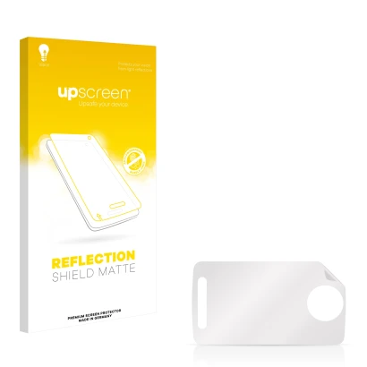 Parte frontal de un envase de producto con el logotipo de la marca upscreen. Al lado está el protector de pantalla correspondi