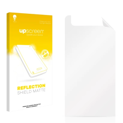 Parte frontal de un envase de producto con el logotipo de la marca upscreen. Al lado está el protector de pantalla correspondi