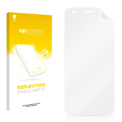 Parte frontal de un envase de producto con el logotipo de la marca upscreen. Al lado está el protector de pantalla correspondi