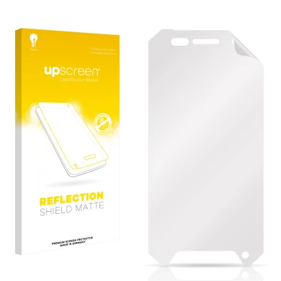 Parte frontal de un envase de producto con el logotipo de la marca upscreen. Al lado está el protector de pantalla correspondi