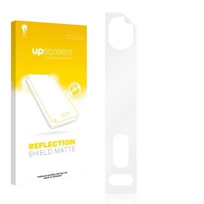 Parte frontal de un envase de producto con el logotipo de la marca upscreen. Al lado está el protector de pantalla correspondi