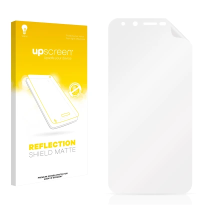 Parte frontal de un envase de producto con el logotipo de la marca upscreen. Al lado está el protector de pantalla correspondi