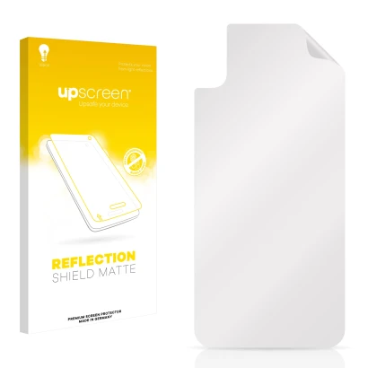 Parte frontal de un envase de producto con el logotipo de la marca upscreen. Al lado está el protector de pantalla correspondi