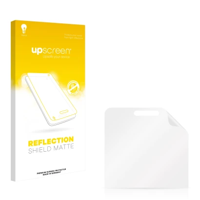 Parte frontal de un envase de producto con el logotipo de la marca upscreen. Al lado está el protector de pantalla correspondi