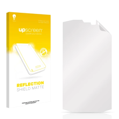 Parte frontal de un envase de producto con el logotipo de la marca upscreen. Al lado está el protector de pantalla correspondi