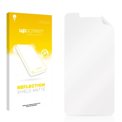 Parte frontal de un envase de producto con el logotipo de la marca upscreen. Al lado está el protector de pantalla correspondi