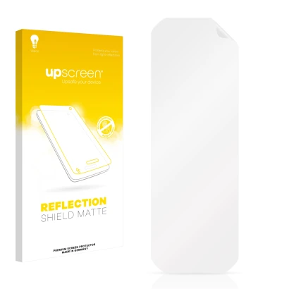 Parte frontal de un envase de producto con el logotipo de la marca upscreen. Al lado está el protector de pantalla correspondi