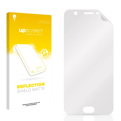 Parte frontal de un envase de producto con el logotipo de la marca upscreen. Al lado está el protector de pantalla correspondi