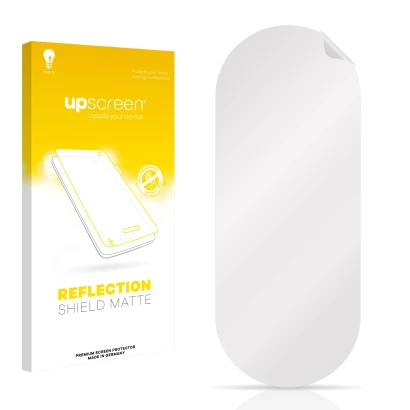 Parte frontal de un envase de producto con el logotipo de la marca upscreen. Al lado está el protector de pantalla correspondi